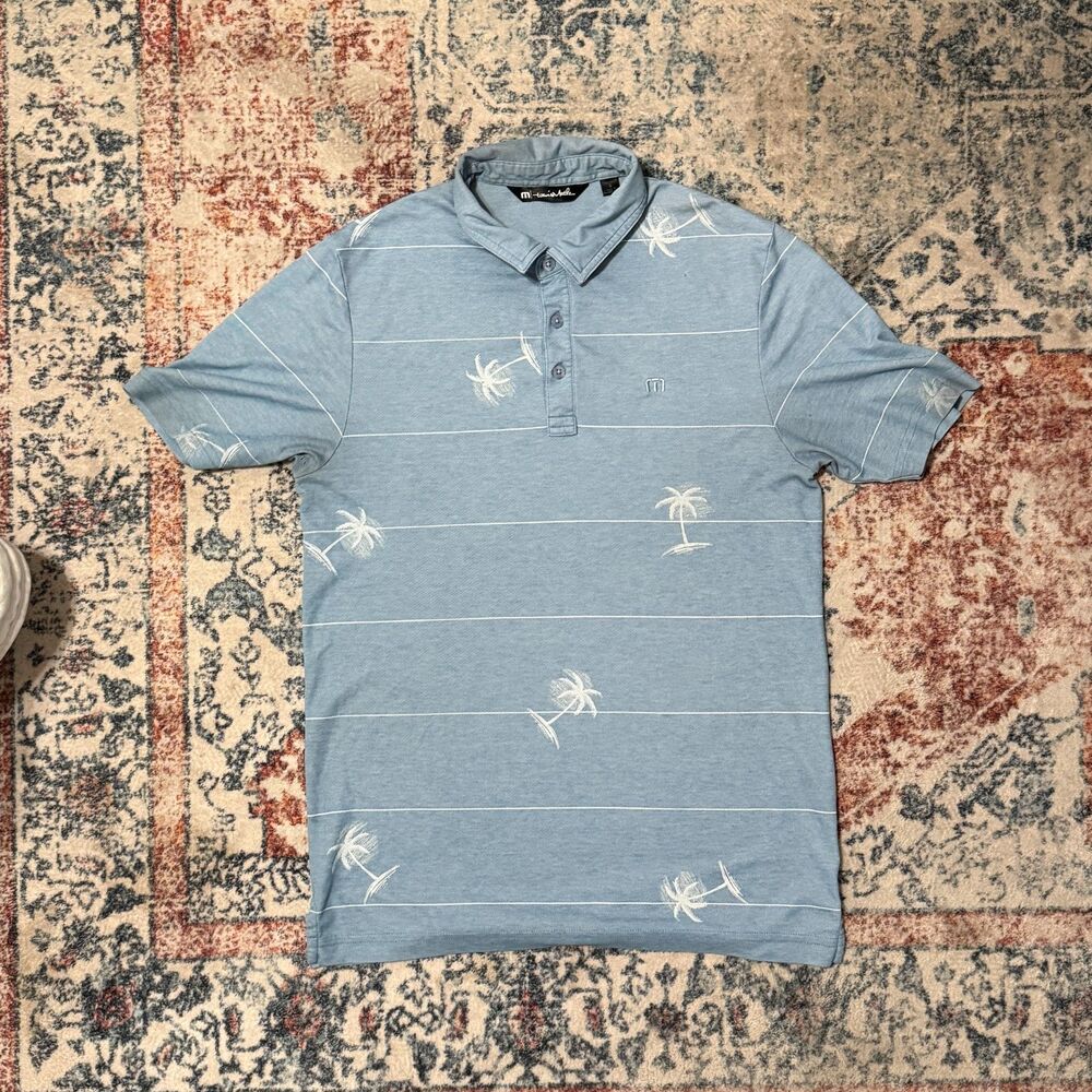 TravisMathew Men’s Blue Palm Tree Stripe Golf Polo Short Sleeve